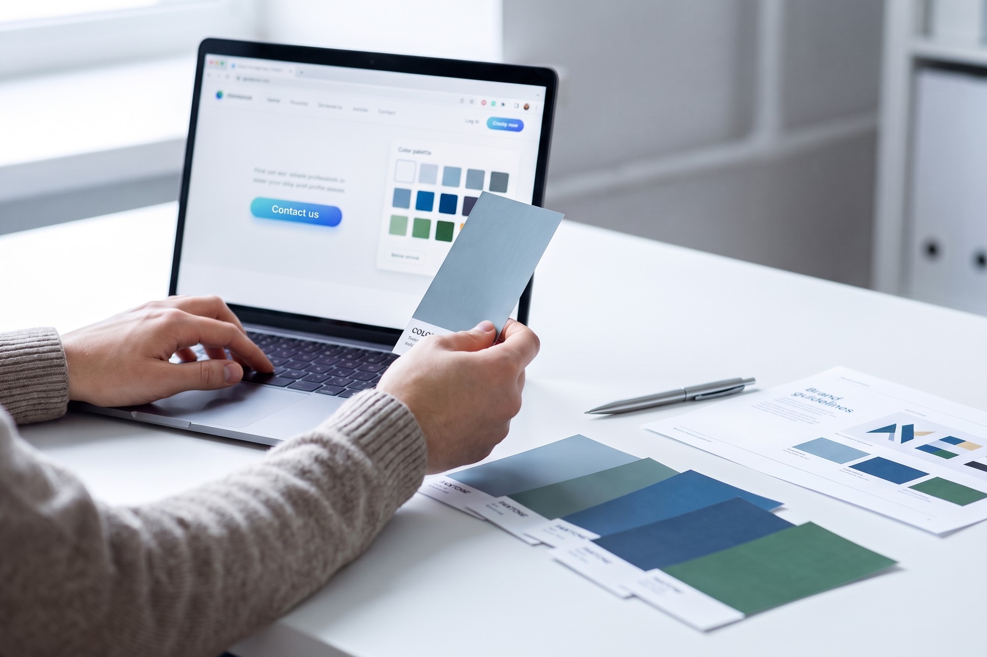 Designer comparing brand colour swatches against a website palette for accessible contrast