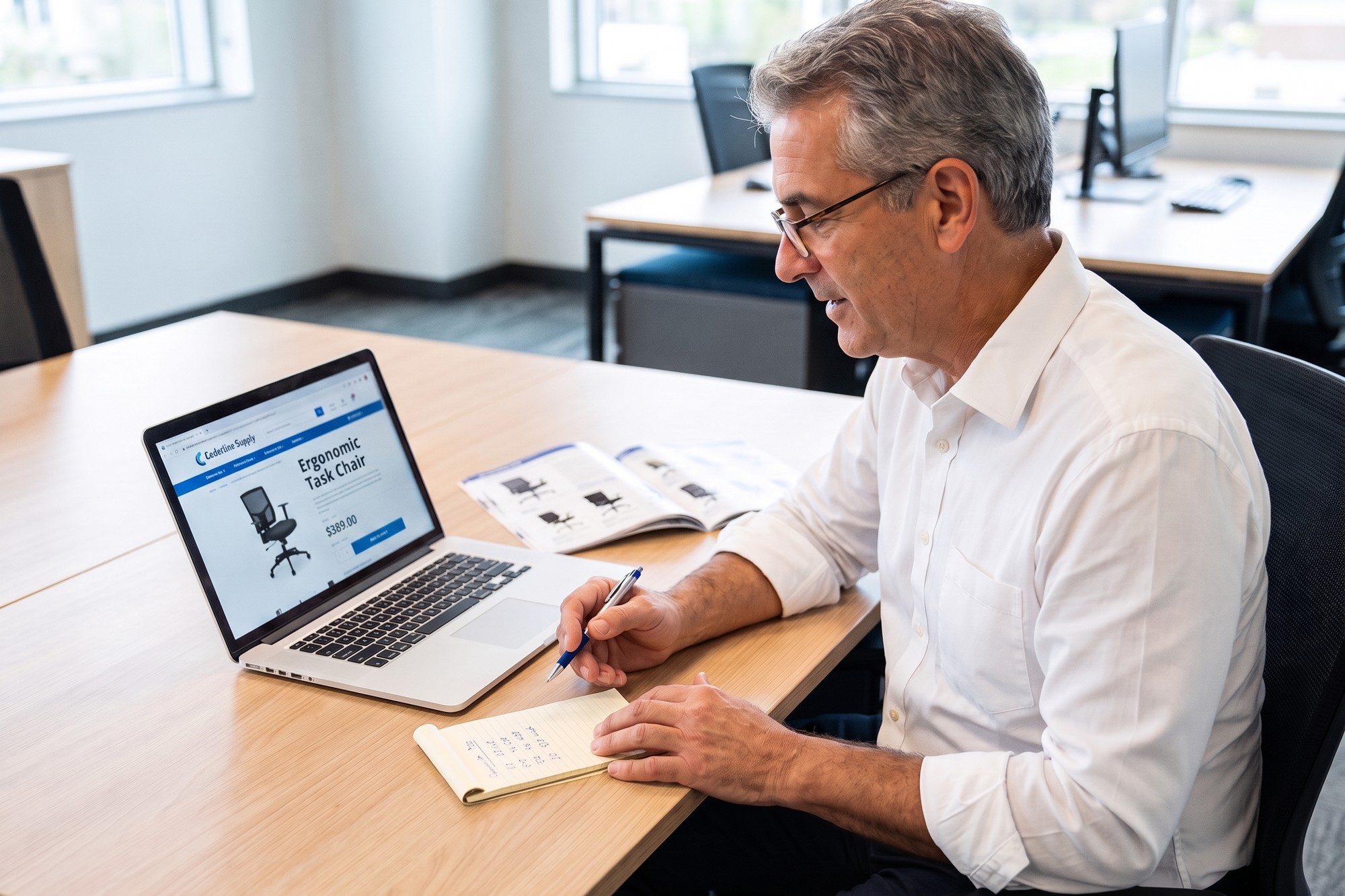 Purchasing manager comparing supplier prices on a B2B product page that shows a published price