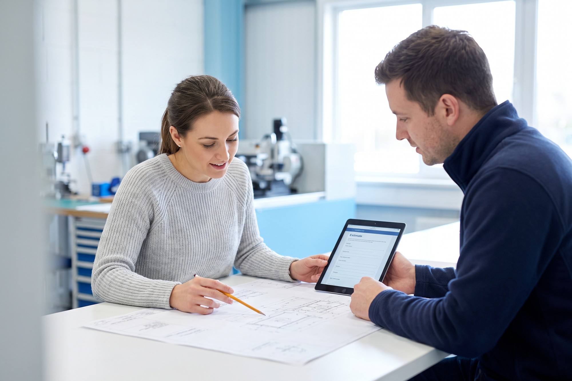 Engineer and sales rep checking a technical drawing against an online price estimator on a tablet