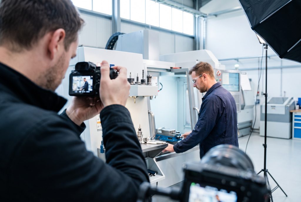 Photographer shooting an employee using machinery in a candid photo