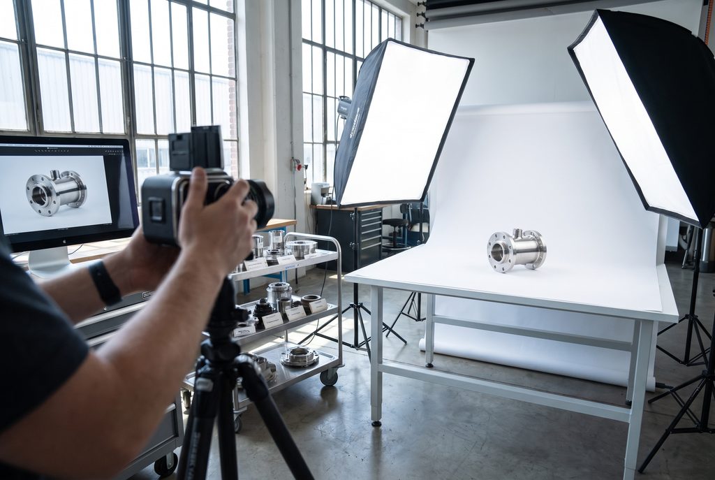 Photographer shooting industrial metal part on white backdrop