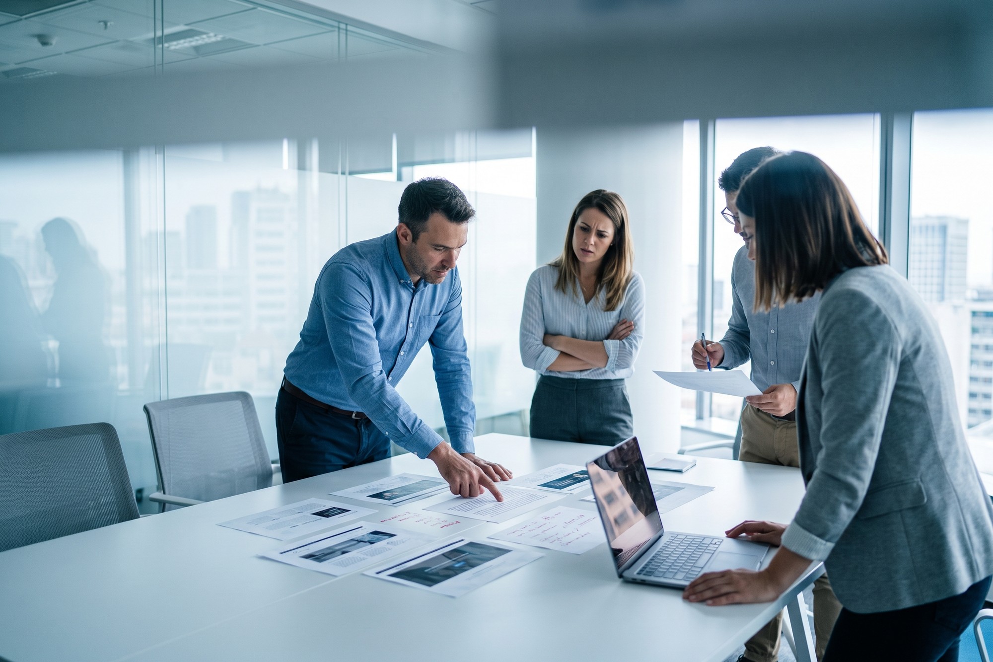 Team reviewing printed page layouts and debating the website content in a glass-walled meeting room