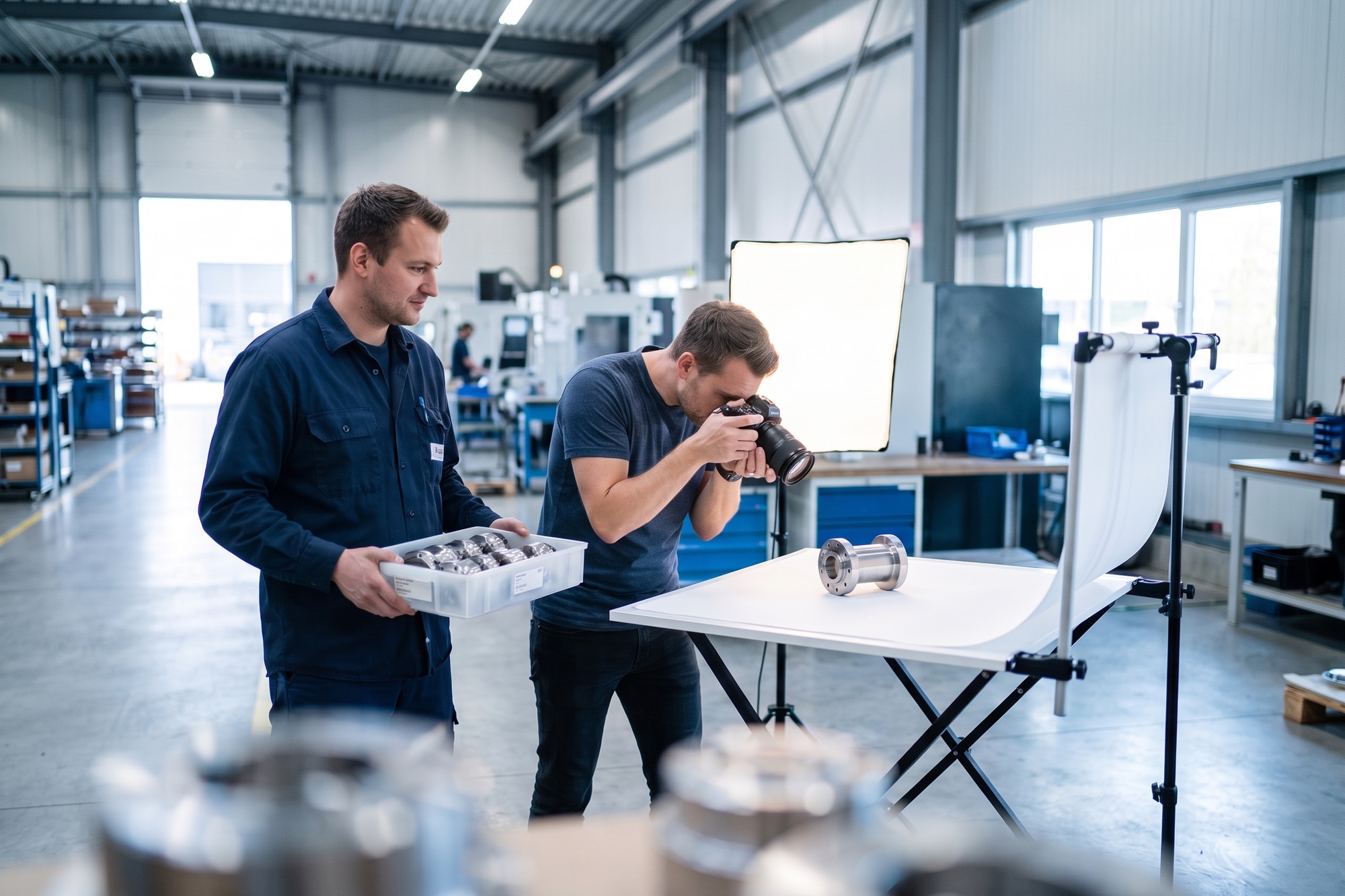 Professional photographer shooting a machined part on the plant floor for a manufacturer's website content