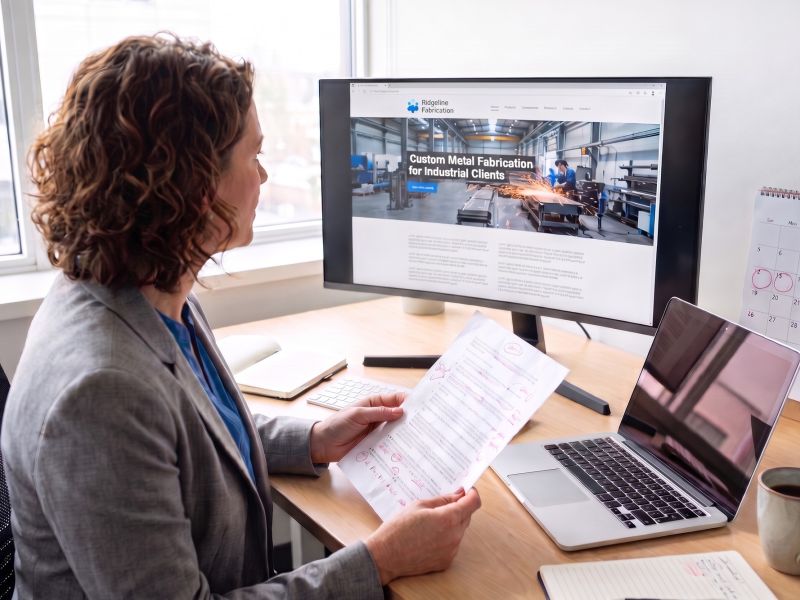 Marketing manager checking website content on a marked-up printout against a nearly finished company website
