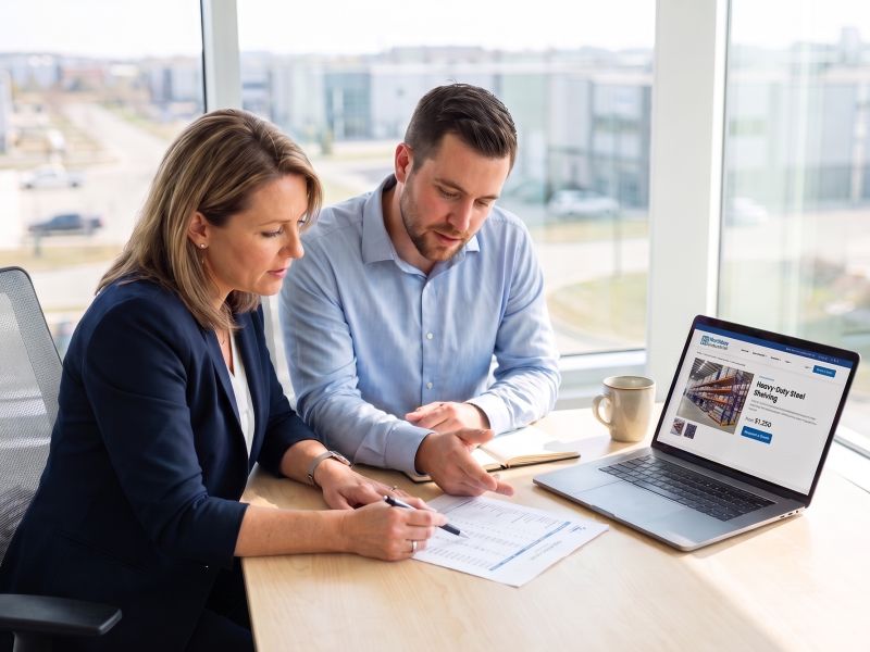 Business owner and sales manager reviewing a printed price sheet beside a B2B website pricing page on a laptop