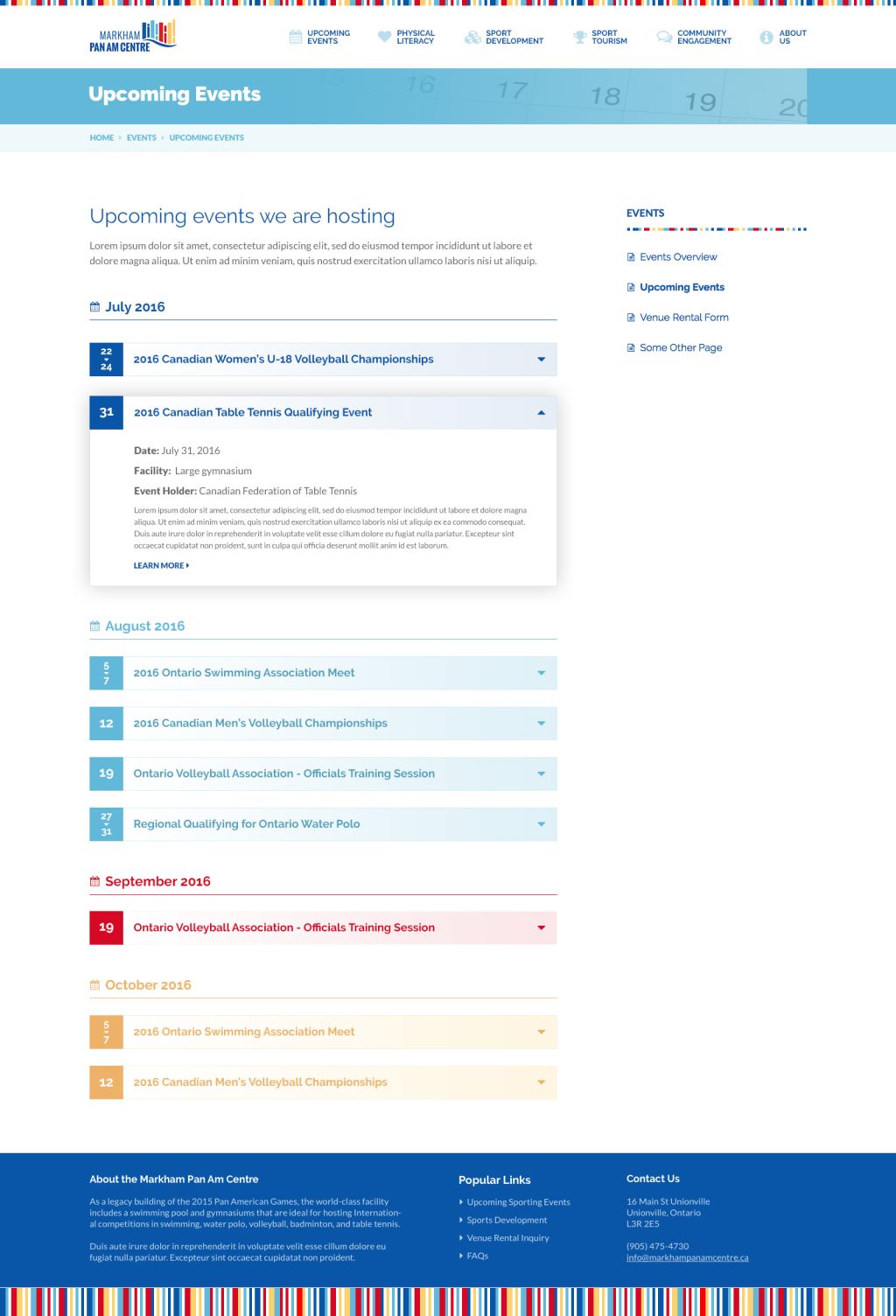Screenshot of Events web page