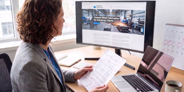 Marketing manager checking website content on a marked-up printout against a nearly finished company website