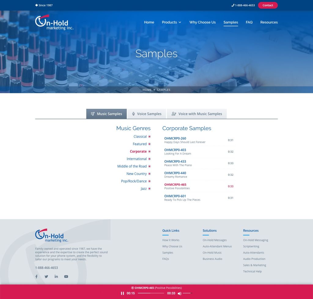 Screenshot of Audio Samplesweb page