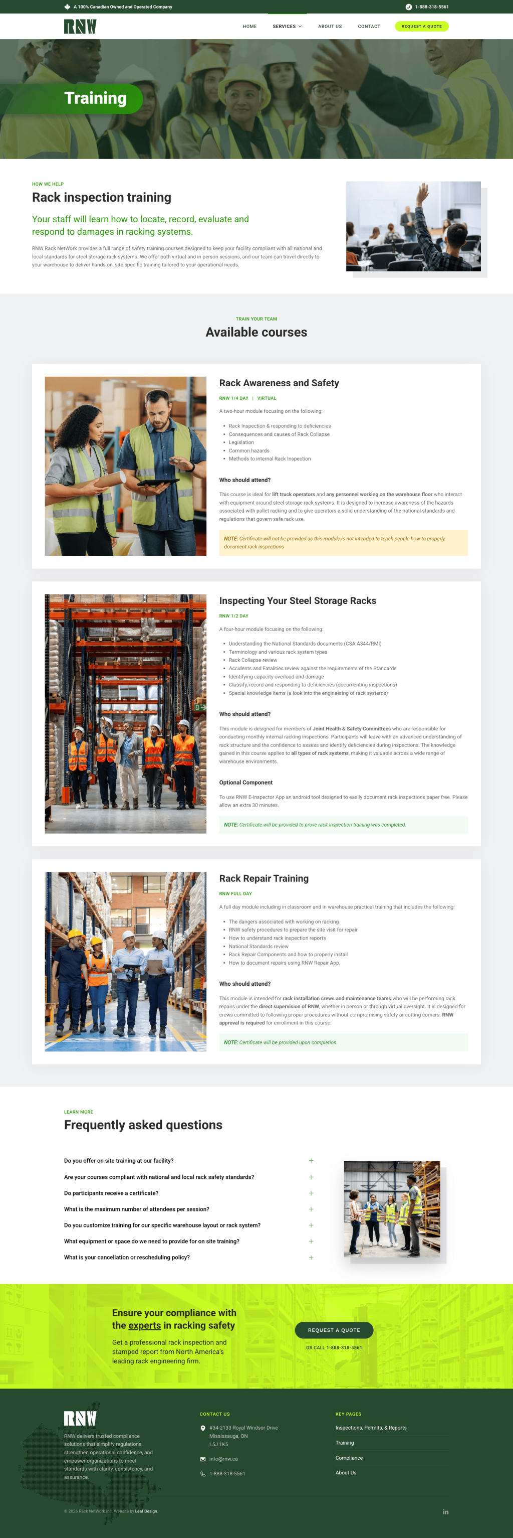 Screenshot of Training web page